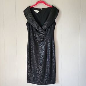 KAY UNGER Formal Evening Dress Sz 4 Cap Sleeveless Plunge Black Leopard Chic